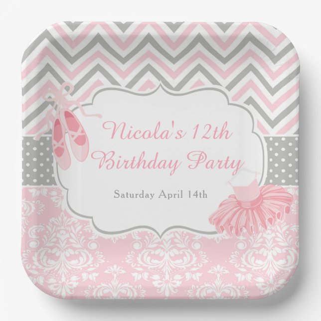 Assiettes En Carton Pink & Grey Chevron Ballerina Anniversaire (Recto)