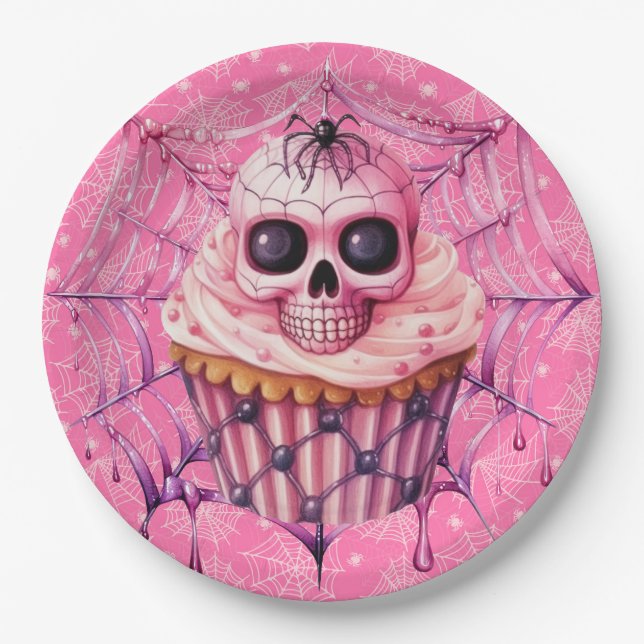 Assiettes En Carton Pink Halloween Spider Webs (Devant)