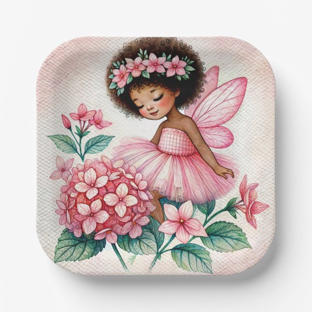 Assiettes En Carton Pink Hydrangea Fairy Black Girl Watercolor (Recto)