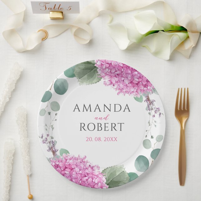 Assiettes En Carton Pink Hydrangea Flowers Watercolor Elegant Wedding (Mariage)