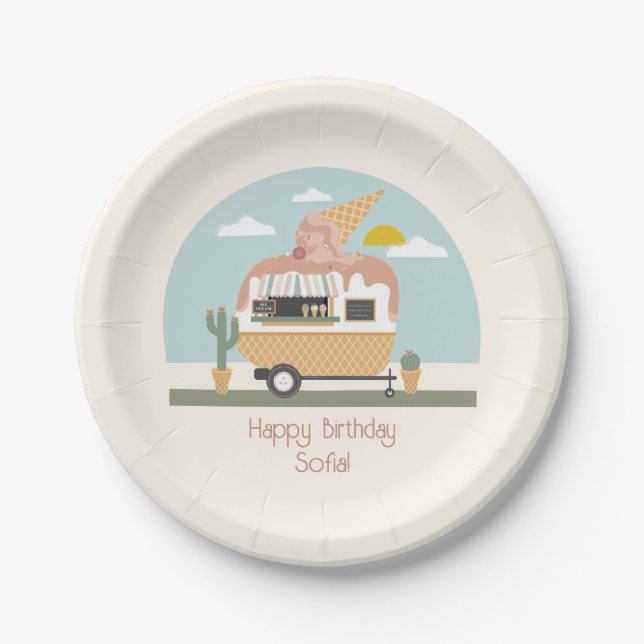 Assiettes En Carton Pink Ice Cream Camper Girls Anniversaire (Devant)