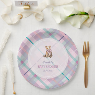 Assiettes En Carton Pink & Lavender Plaid Teddy Bear Girl Baby shower