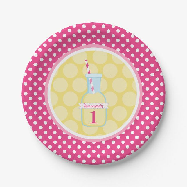 Assiettes En Carton Pink Lemonade Polka Dot 1er Anniversaire (Devant)