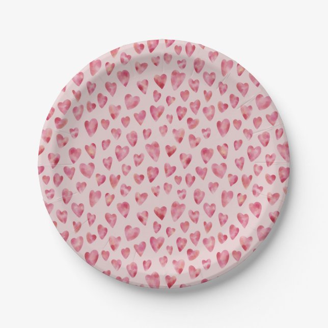 Assiettes En Carton Pink Love Heart Watercolor Motif (Devant)