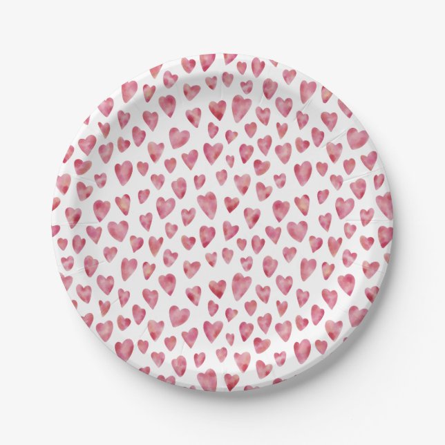 Assiettes En Carton Pink Love Heart Watercolor Motif (Devant)