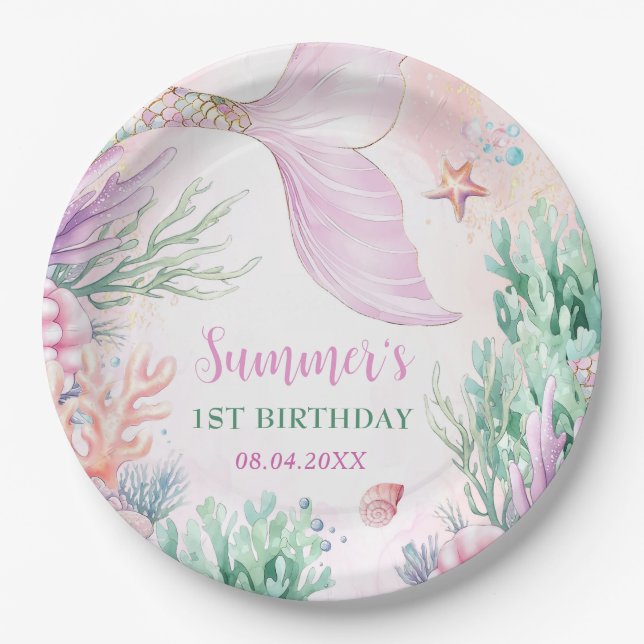 Assiettes En Carton Pink Mermaid 1st Birthday Oneder The Sea (Devant)