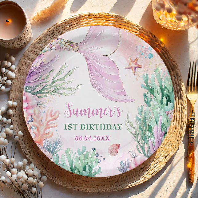 Assiettes En Carton Pink Mermaid 1st Birthday Oneder The Sea (Créateur téléchargé)