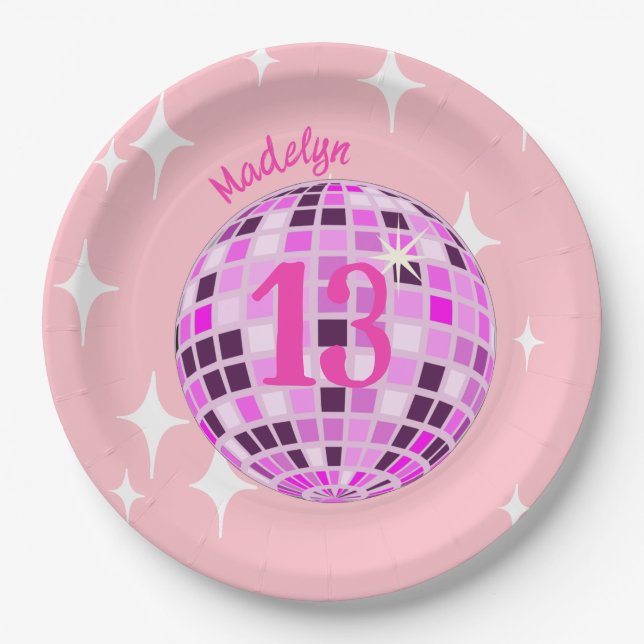 Assiettes En Carton Pink Modern Disco Mirror Ball 13e anniversaire (Devant)