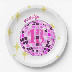 Assiettes En Carton Pink Modern Disco Mirror Ball 13e anniversaire