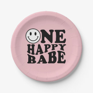 Assiettes En Carton Pink One Happy Babe Happy Smile Girl 1er anniversa