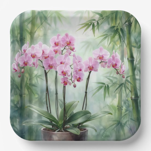 Assiettes En Carton Pink Orchid Plant On Bamboo Background (Recto)
