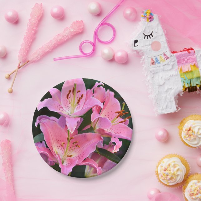 Assiettes En Carton Pink Oriental Lilies Floral (Fête)