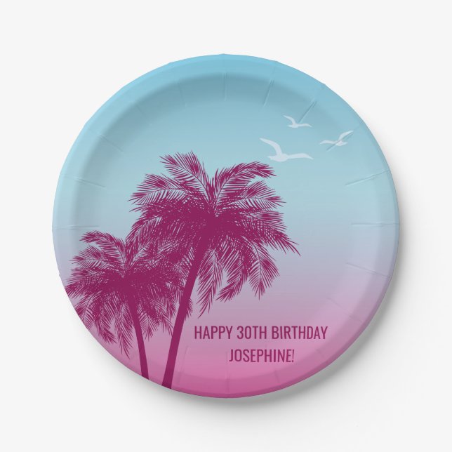 Assiettes En Carton Pink Palm Trees Tropical Evening Happy Birthday (Devant)