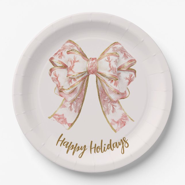 Assiettes En Carton Pink Pastel Elegant Christmas Bow Paper Plates (Devant)