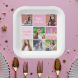Assiettes En Carton Pink Photo Collage Custom Femmes's Birthday Party<br><div class="desc">Jolie coutume plaques de papier de fête pour femmes avec un collage de 6 modèles photo d'une jeune femme ou d'une adolescente avec son nom sur les mignons carrés roses à côté d'un beau gâteau d'anniversaire. Décor d'anniversaire féminin personnalisé.</div>