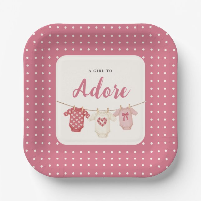 Assiettes En Carton Pink Polka Dot "A Girl to Adore" Baby Shower (Recto)