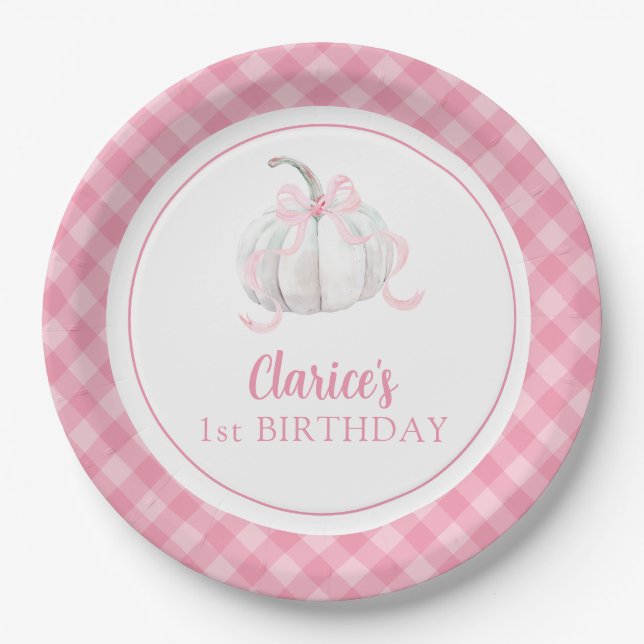 Assiettes En Carton Pink Preppy Citrouille Premier Anniversaire Plaque (Devant)