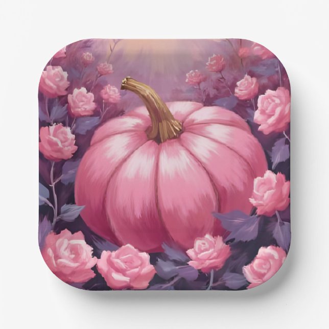 Assiettes En Carton Pink Pumpkin Rose Floral Halloween Thanksgiving (Recto)
