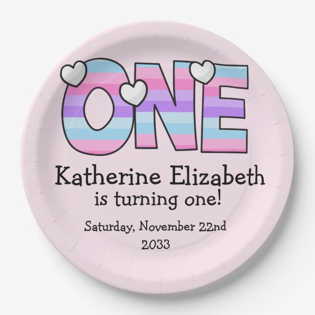 Assiettes En Carton Pink Purple Ombre Grille Coeurs Premier anniversai (Devant)