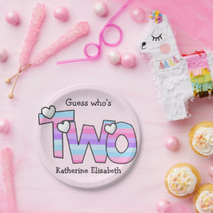 Assiettes En Carton Pink Purple Ombre Stripes Coeurs Deuxième Annivers