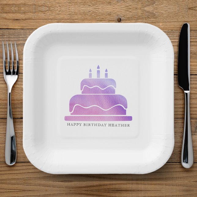 Assiettes En Carton Pink & Purple Watercolor Gâteau Joyeux anniversair (Pink & Purple Watercolor Cake Happy Birthday Paper Plates
)