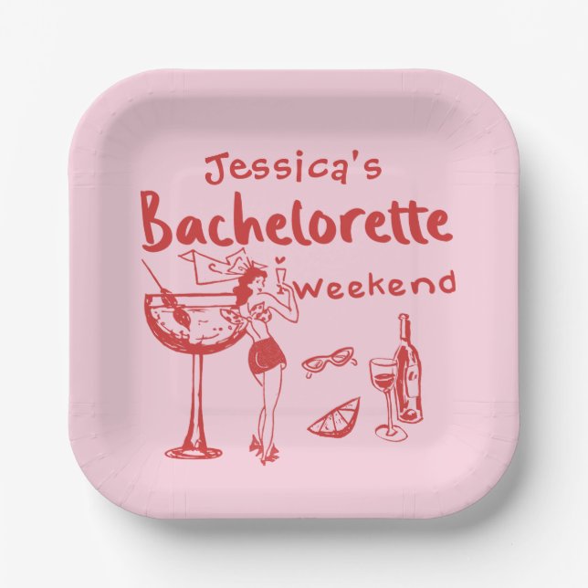 Assiettes En Carton Pink Red Whimsical Beach Bachelorette Party (Recto)