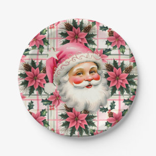 Assiettes En Carton Pink Retro Santa Claus Noël Floral Plaid