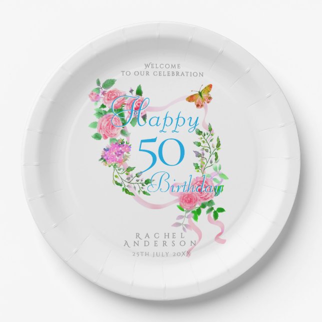 Assiettes En Carton Pink Rose Ribbon 50th Birthday (Devant)