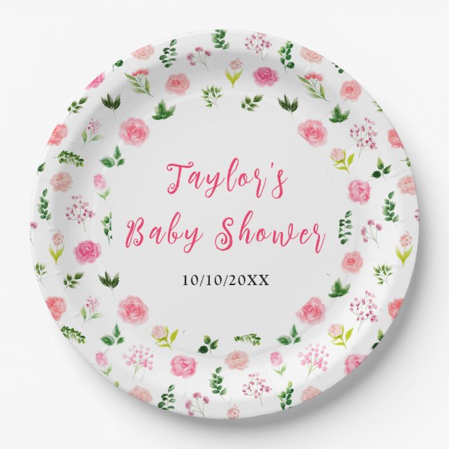 Assiettes En Carton Pink Roses Floral Baby Shower (Devant)