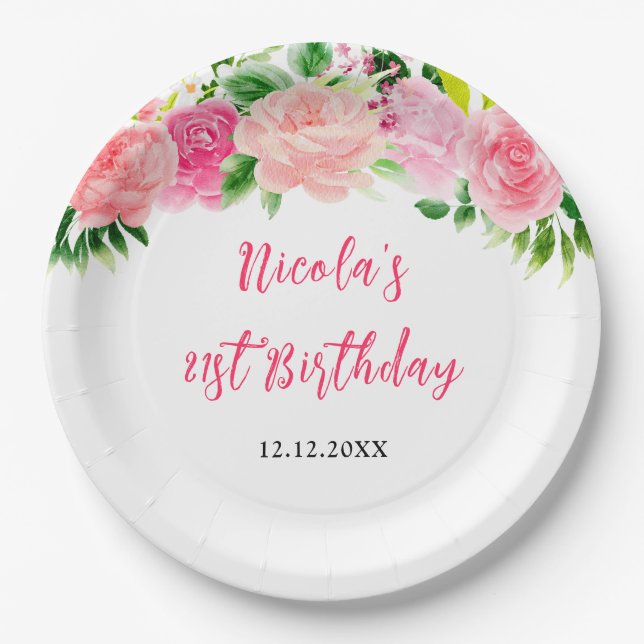 Assiettes En Carton Pink Roses Floral Birthday (Devant)