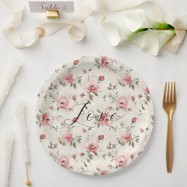 Assiettes En Carton Pink Roses Floral Love Bridal Shower (Mariage)