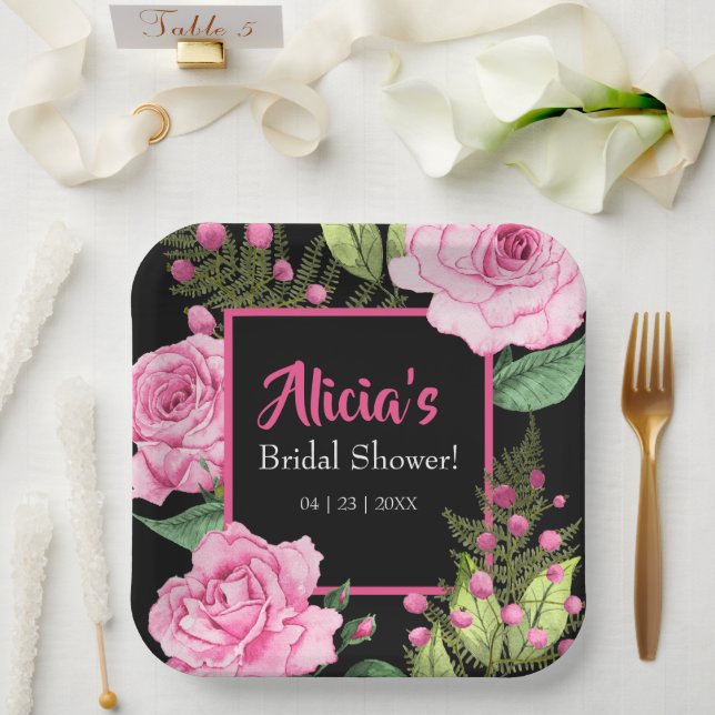 Assiettes En Carton Pink Roses on Black Bridal Shower (Mariage)