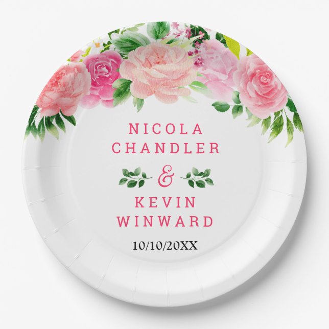 Assiettes En Carton Pink Roses with Foliage Wedding (Devant)