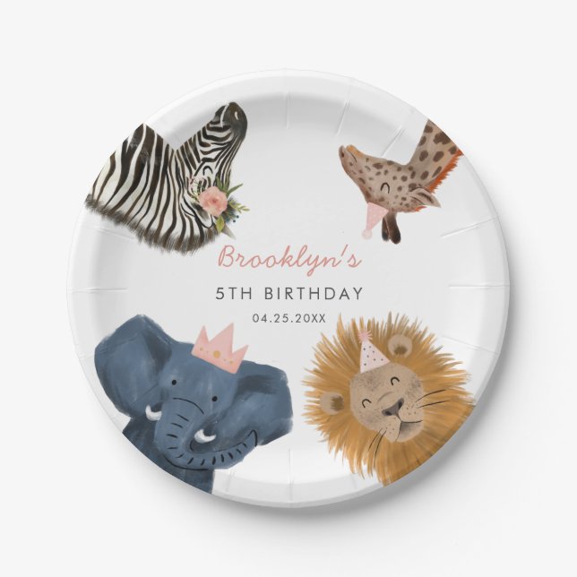 Assiettes En Carton Pink Safari Zoo Animaux Anniversaire (Devant)