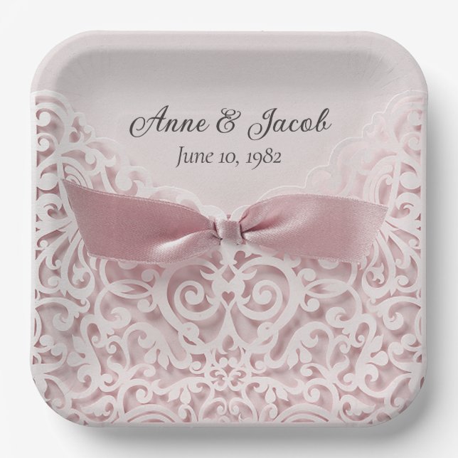 Assiettes En Carton Pink Satin Bow sur dentelle pour Anniversaire (Recto)