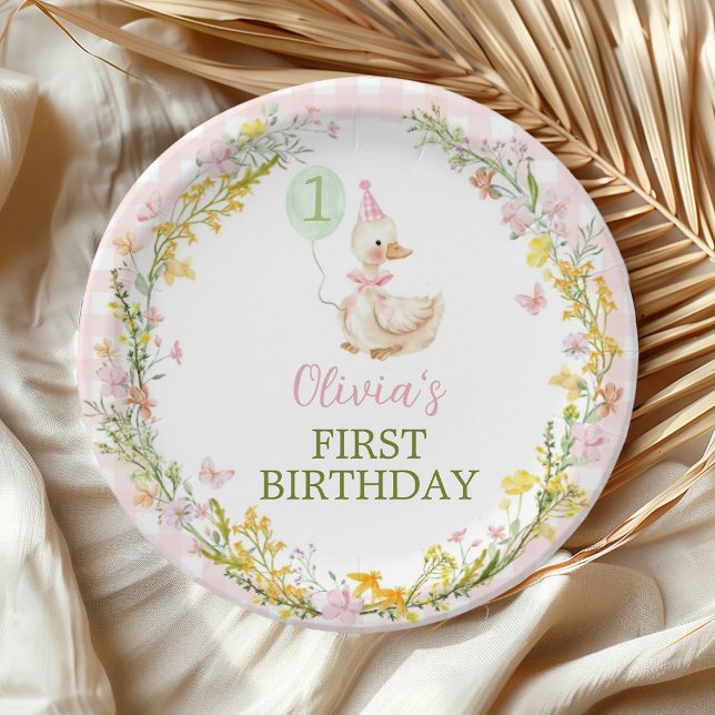 Assiettes En Carton Pink Silly Goose Floral Girl Birthday Paper Plates (Créateur téléchargé)