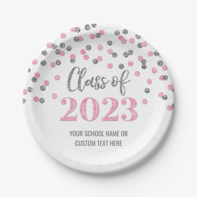 Assiettes En Carton Pink Silver Confetti Graduation 2023 (Devant)