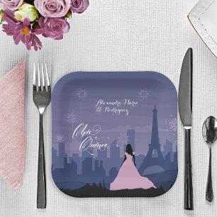 Assiettes En Carton Pink & Slate Blue Paris Fireworks Quinceañera Tri-