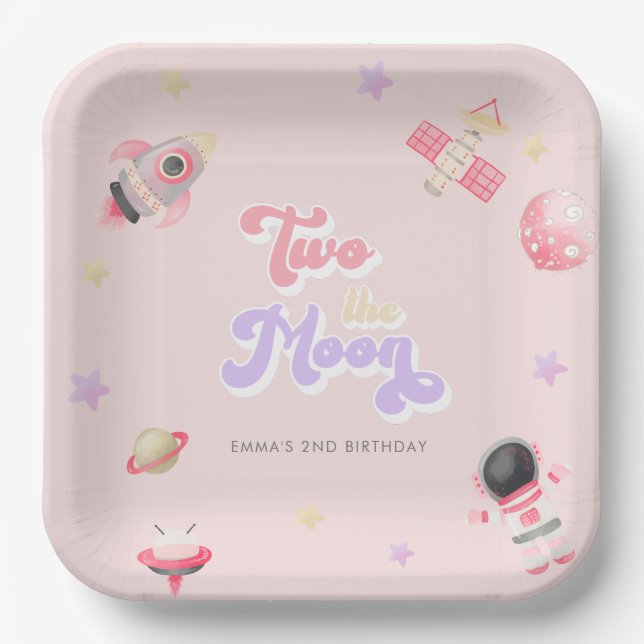 Assiettes En Carton Pink Space Two Moon Anniversaire (Recto)