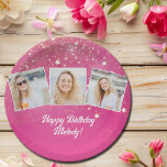 Assiettes En Carton Pink Sparkle Photo Collage Filles Anniversaire<br><div class="desc">Des étincelles roses jolies décorent ces mignonettes personnalisées collage photo plaque de fête d'anniversaire pour une femme,  un adolescent,  ou une petite fille qui aime les cadeaux étincelants. Cadeau d'anniversaire heureux personnalisé avec 3 photos sur un arrière - plan girly rose chaud.</div>