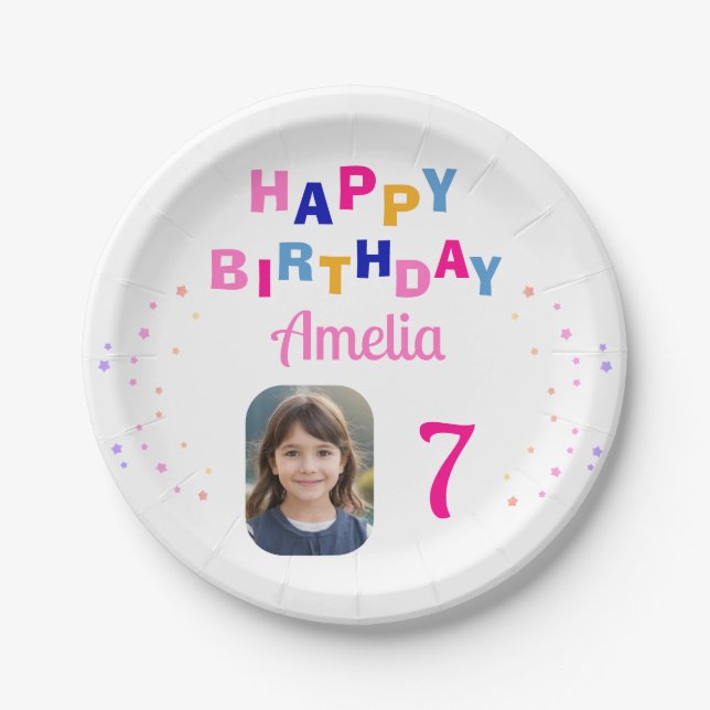 Assiettes En Carton Pink Stars Joyeux Anniversaire Fille Photo (Devant)