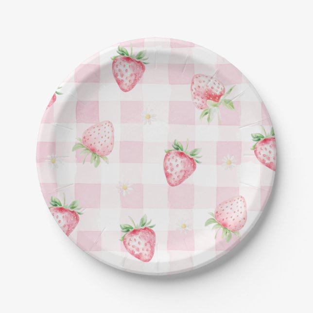 Assiettes En Carton Pink Strawberries Gingham Berry First 1st Birthday (Devant)
