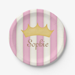Assiettes En Carton Pink Stripes Nom personnalisé Princess Crown Pape