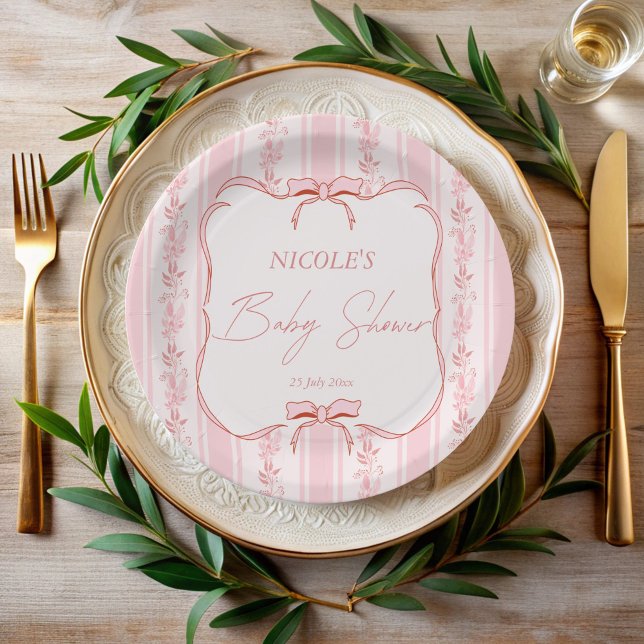 Assiettes En Carton Pink stripes retro bow border elegant baby shower (Pink stripes retro bow wavy border elegant baby shower monogrammed paper plates personalized decor)