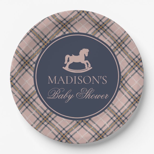 Assiettes En Carton Pink Tartan Plaid Rocking Horse Baby Shower (Devant)