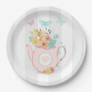 Assiettes En Carton Pink Teapot with Flowers & Butterflies
