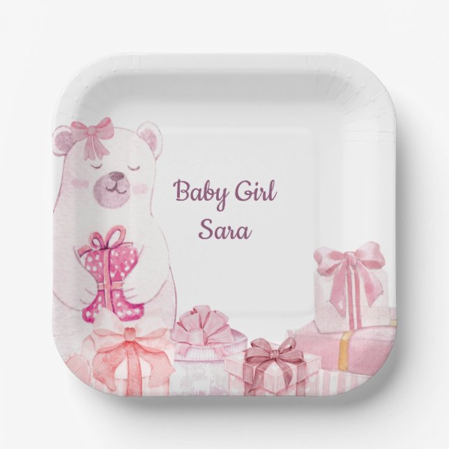 Assiettes En Carton Pink Teddy Bear Baby Shower Party Plate (Recto)