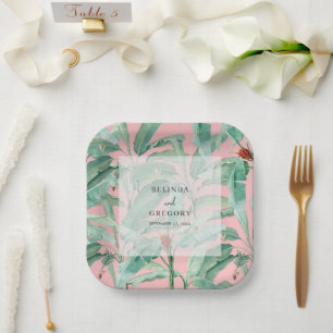 Assiettes En Carton Pink Tropical Banana Palm Feuille Mariage