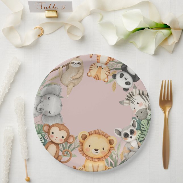 Assiettes En Carton Pink Tropical Wild One Jungle Safari Animaux (Mariage)