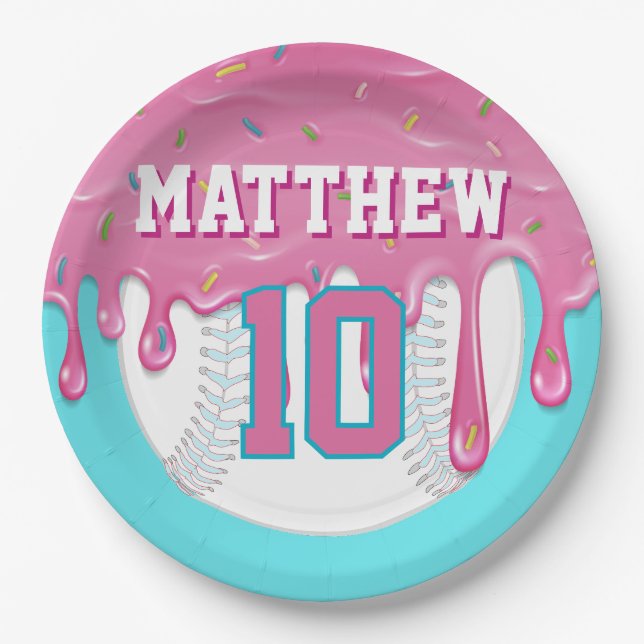 Assiettes En Carton Pink & Turquoise Baseball Drip Birthday Party (Devant)